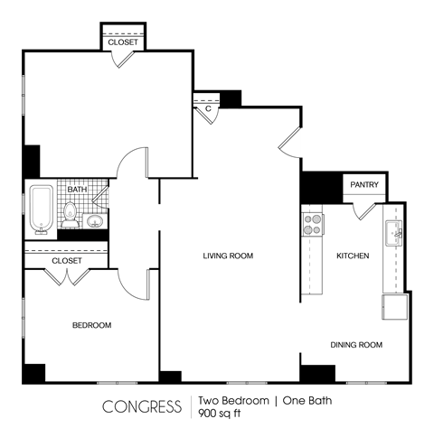 Floor plan for 2 beds, 1 bath, 900 sqft